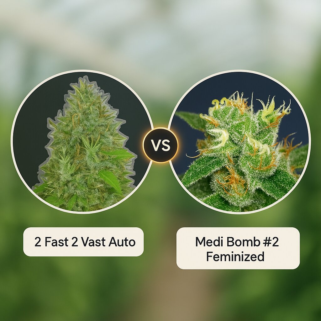 2 Fast 2 Vast Auto (Heavyweight Seeds) vs Medi Bomb #2 (Bomb Seeds) Vergleich von Cannabissamen