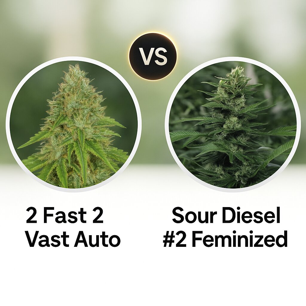 2 Fast 2 Vast Auto (Heavyweight Seeds) vs Sour Diesel #2 (Humboldt Seed Organization) Cannabis Samen Vergleich