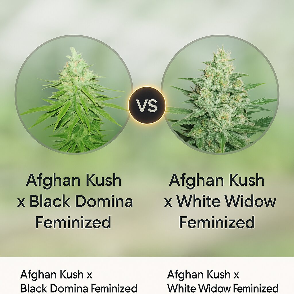 Afghan Kush x Black Domina (World of Seeds) vs Afghan Kush x White Widow (World of Seeds) Cannabissamenvergleich