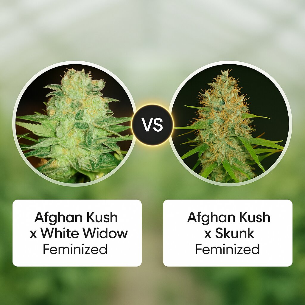 Afghan Kush x White Widow (World of Seeds) vs Afghan Kush x Skunk (World of Seeds) Cannabissamenvergleich