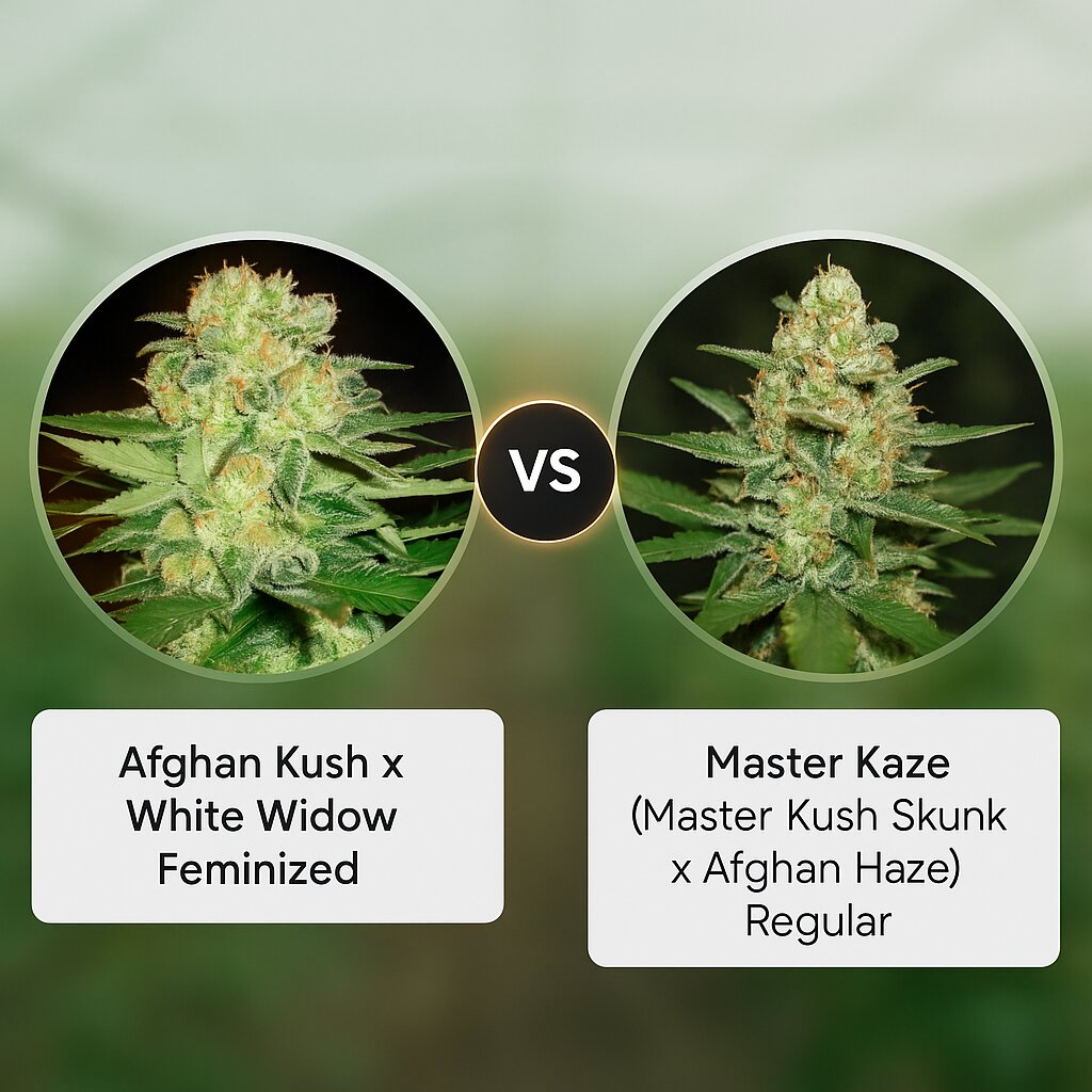 Afghan Kush x White Widow (World of Seeds) vs Master Kaze (Master Kush Skunk x Afghan Haze) (Mr Nice Seedbank) Vergleich von Hanfsamen