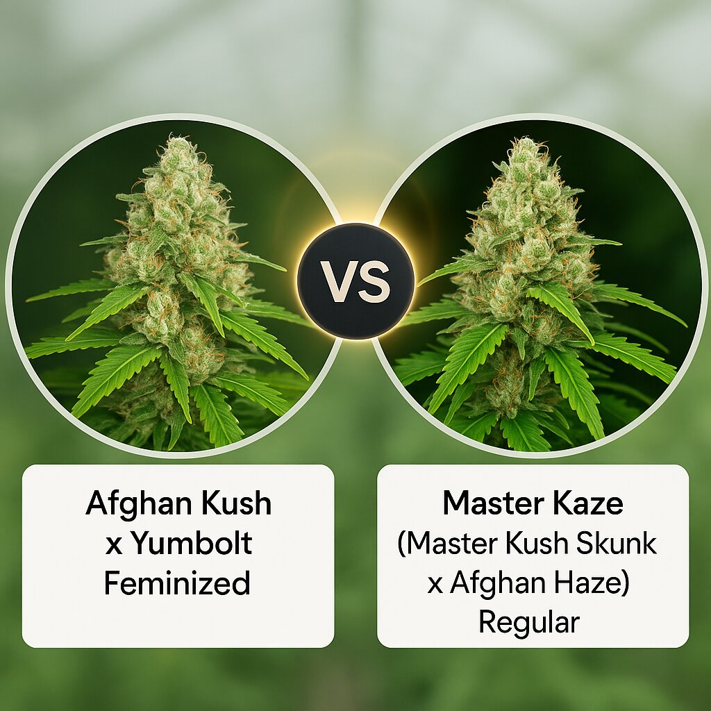 Afghan Kush x Yumbolt (World of Seeds) vs Master Kaze (Master Kush Skunk x Afghan Haze) (Mr Nice Seedbank) Vergleich von Cannabissamen