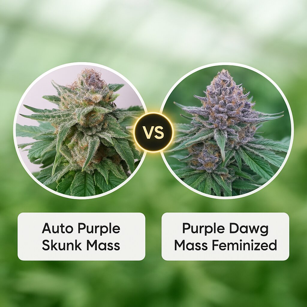 Auto Purple Skunk Mass (Critical Mass Collective) vs Purple Dawg Mass (Critical Mass Collective) Vergleich von Cannabissamen