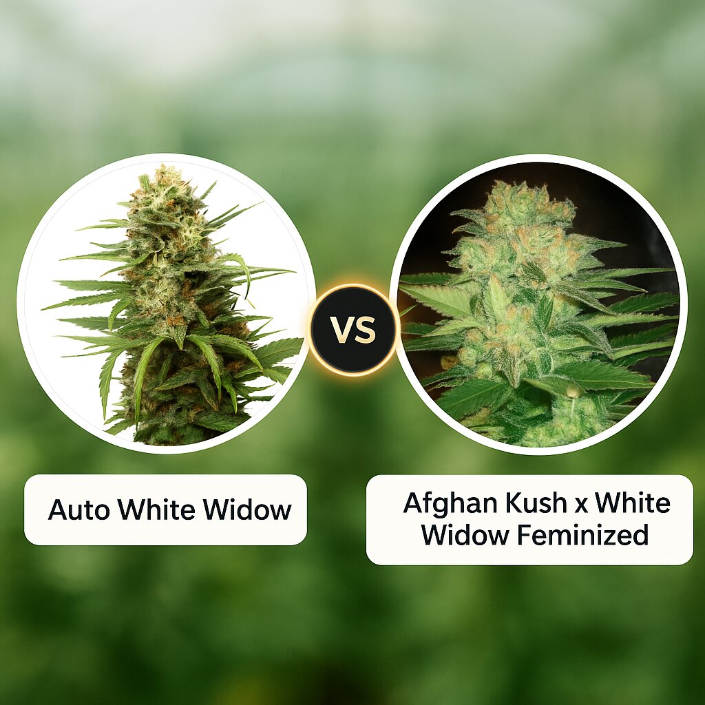 Auto White Widow (Dutch Passion) vs Afghan Kush x White Widow (World of Seeds) Vergleich von Cannabissamen