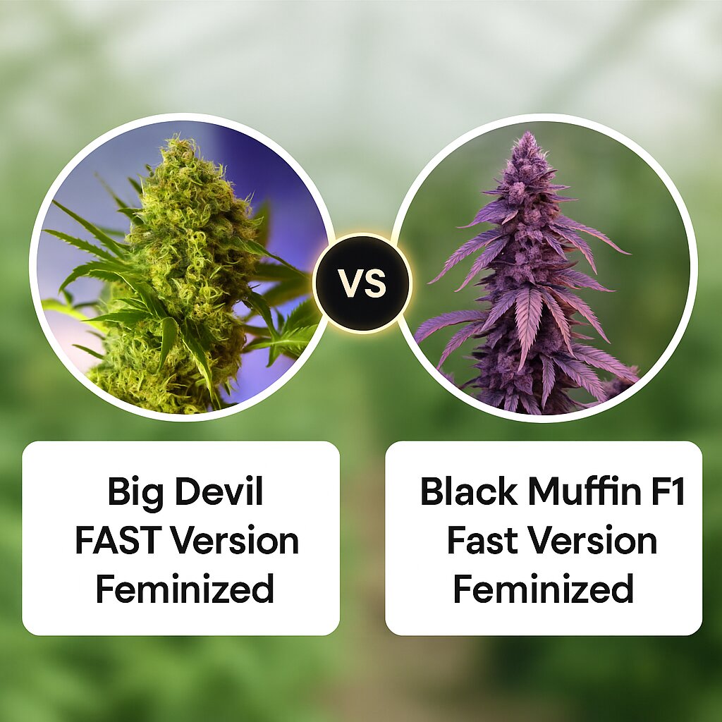 Big Devil FAST Version (Sweet Seeds) vs Black Muffin F1 Fast Version (Sweet Seeds) Vergleich von Cannabissamen