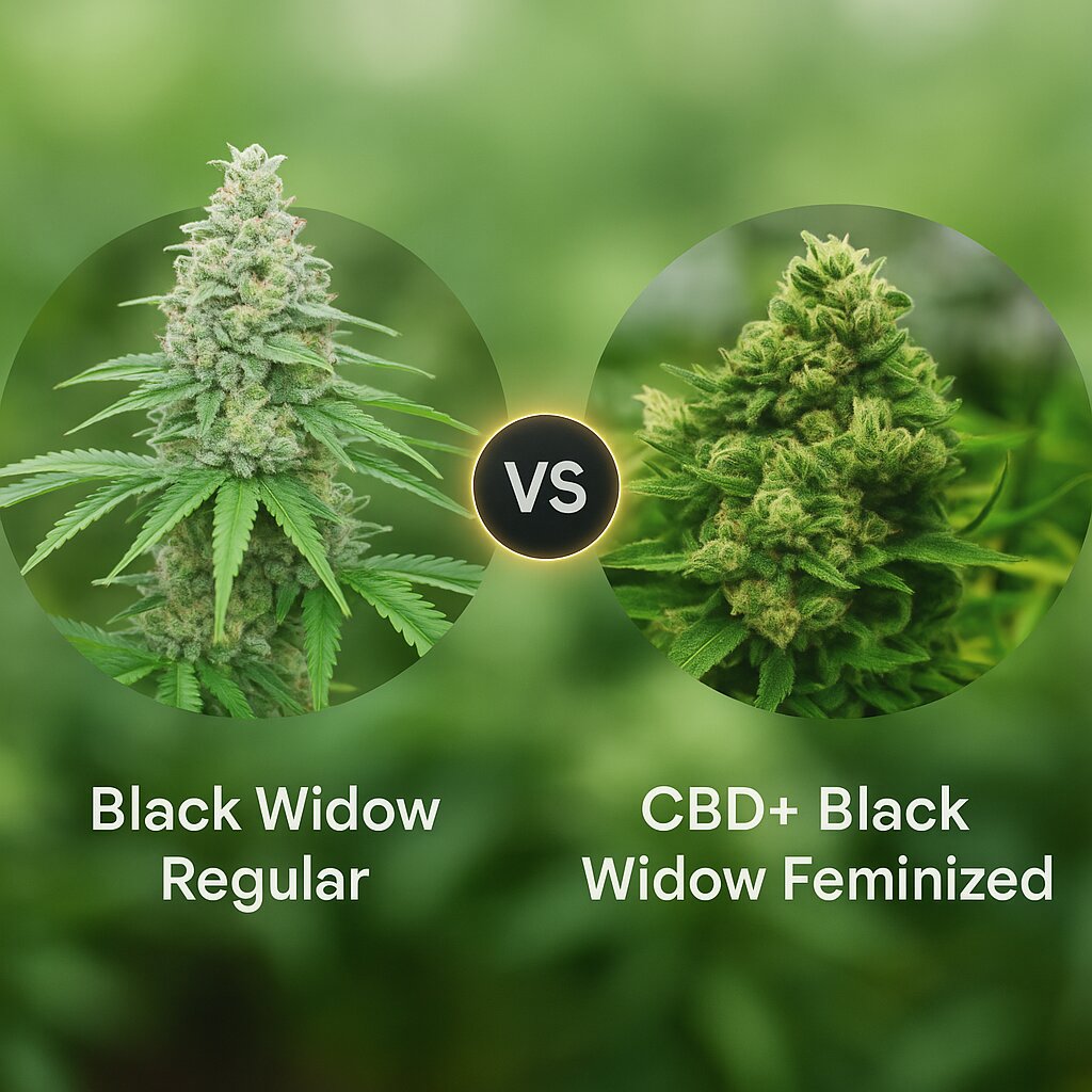 Black Widow (Mr Nice Seedbank) vs CBD+ Black Widow (Positronics) Vergleich von Cannabissamen