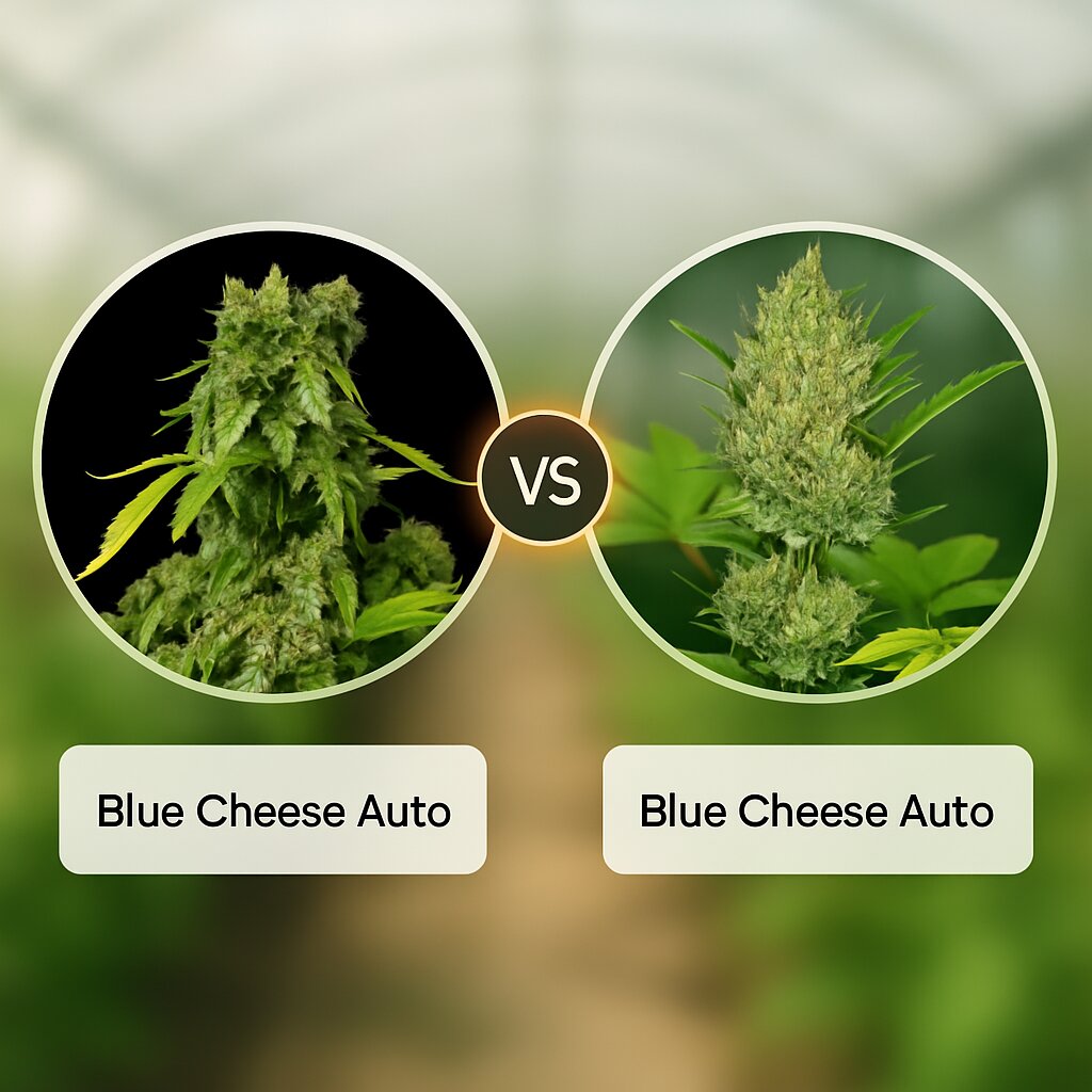 Blue Cheese Auto (DinaFem Seeds) vs Blue Cheese Auto (Barneys Farm) Vergleich von Cannabissamen