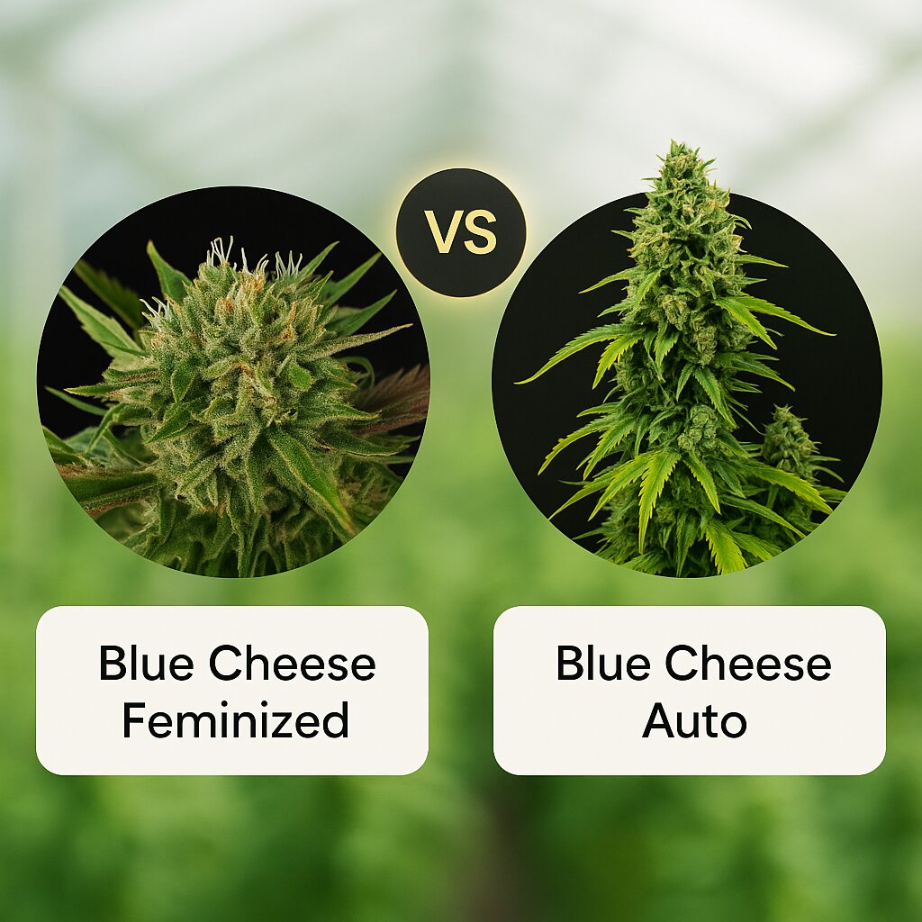 Blue Cheese (DinaFem Seeds) vs Blue Cheese Auto (DinaFem Seeds) Vergleich von Hanfsamen