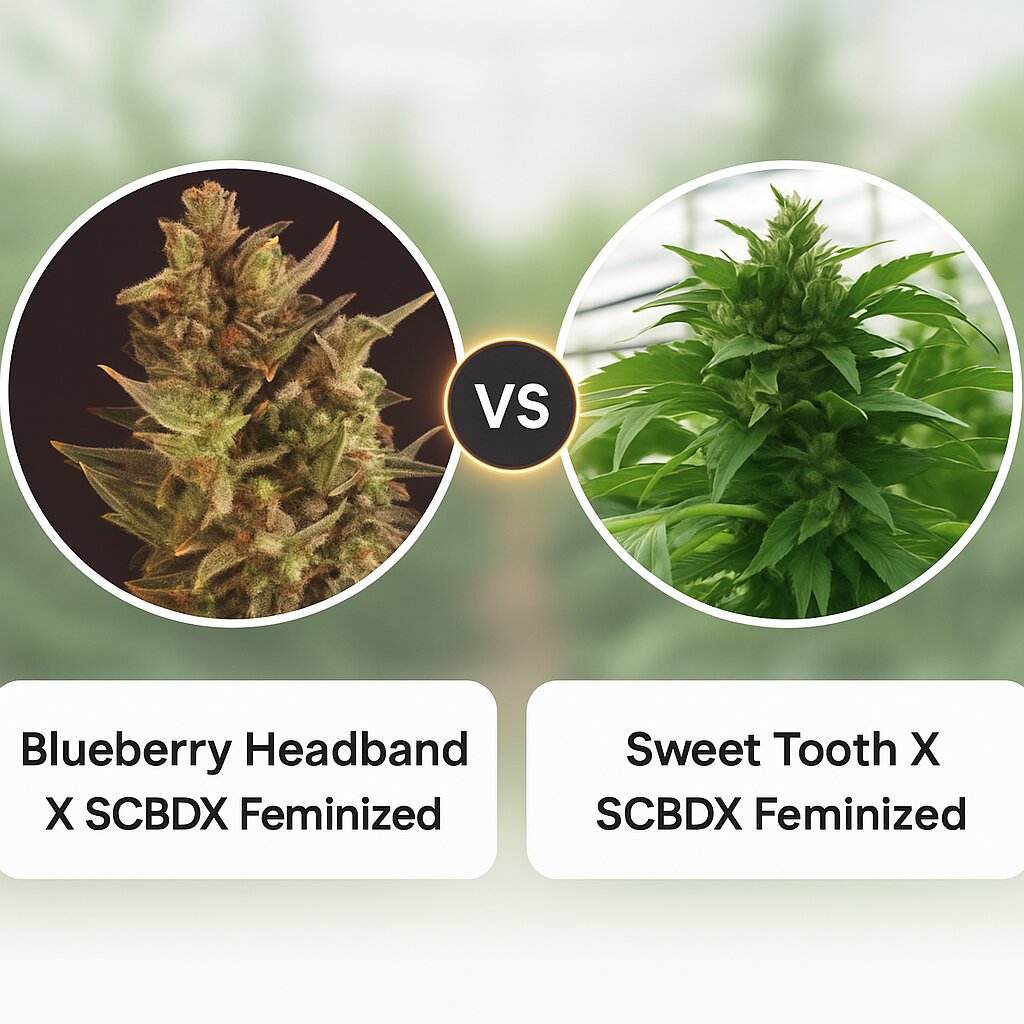 Blueberry Headband X SCBDX (SuperCBDx) vs Sweet Tooth X SCBDX (SuperCBDx) Cannabis Samen Vergleich