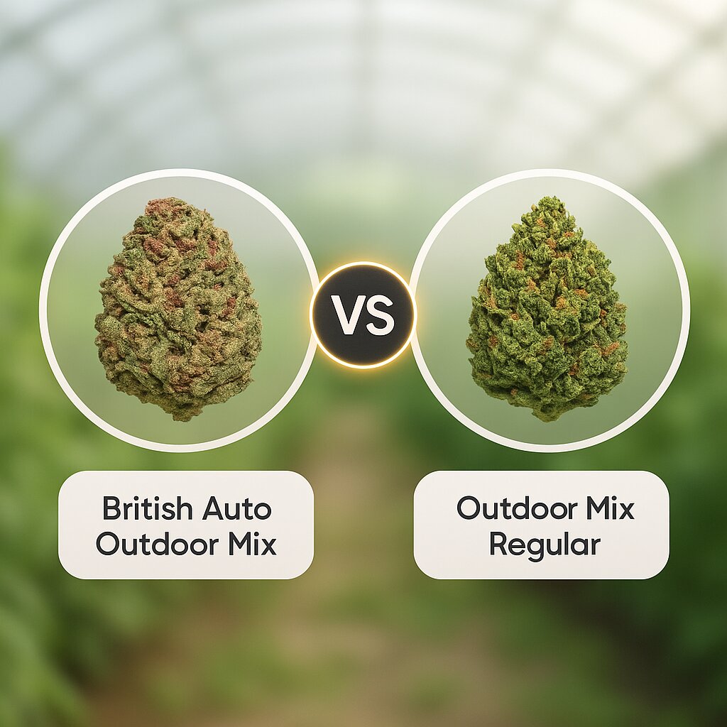British Auto Outdoor Mix (Tyrol Seeds) vs Outdoor Mix (Sensi Seeds) Cannabis-Samenvergleich
