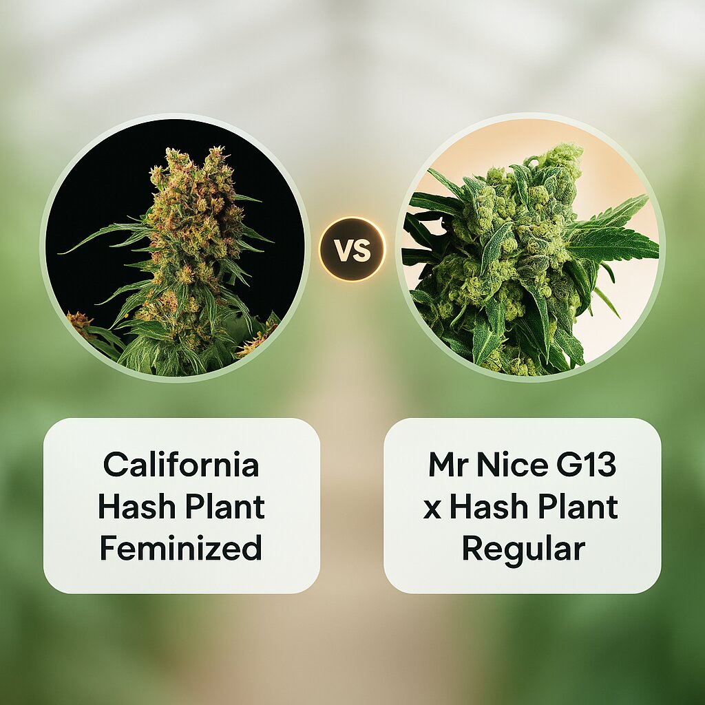 California Hash Plant (DinaFem Seeds) vs Mr Nice G13 x Hash Plant (Sensi Seeds) Vergleich von Cannabissamen