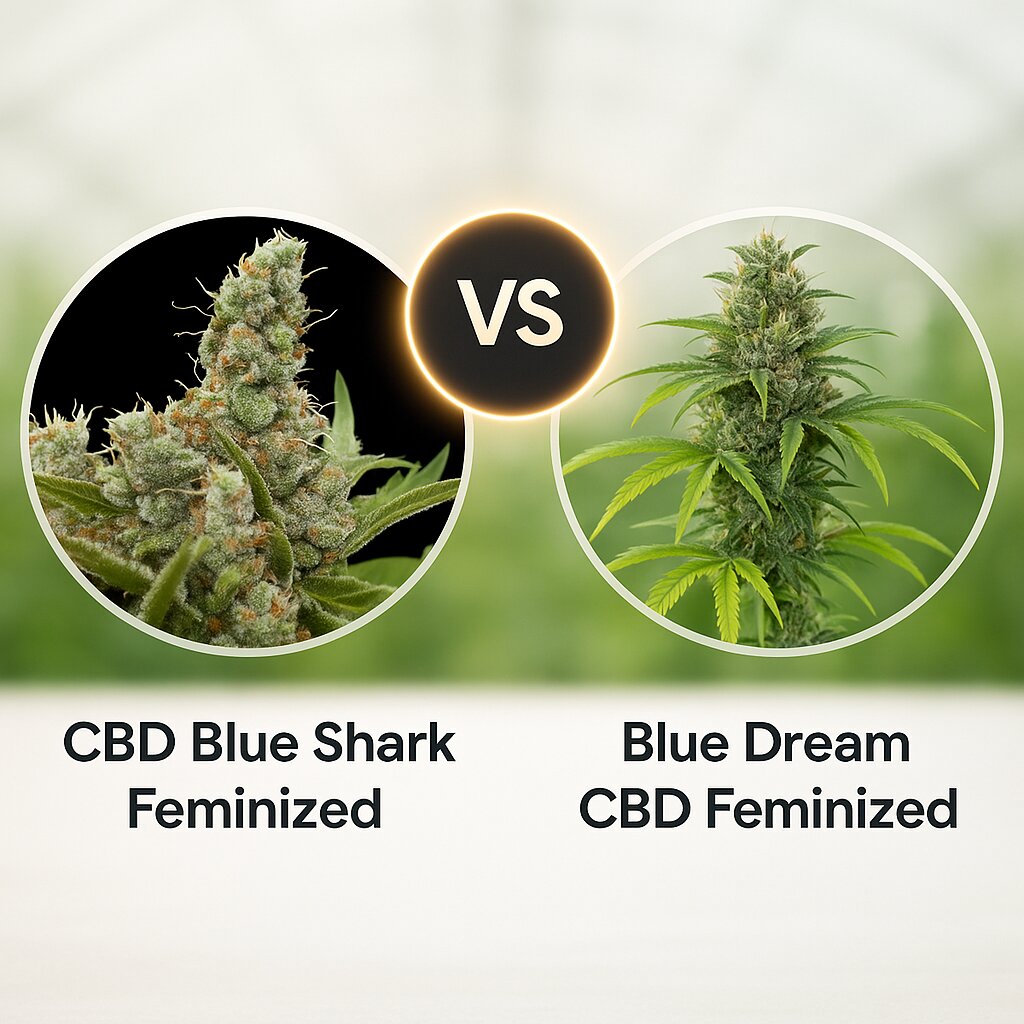CBD Blue Shark (Barneys Farm) vs Blue Dream CBD (Humboldt Seed Organization) Cannabissamenvergleich