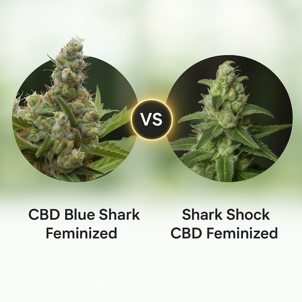 CBD Blue Shark (Barneys Farm) vs Shark Shock CBD (DinaFem Seeds) Cannabissamenvergleich