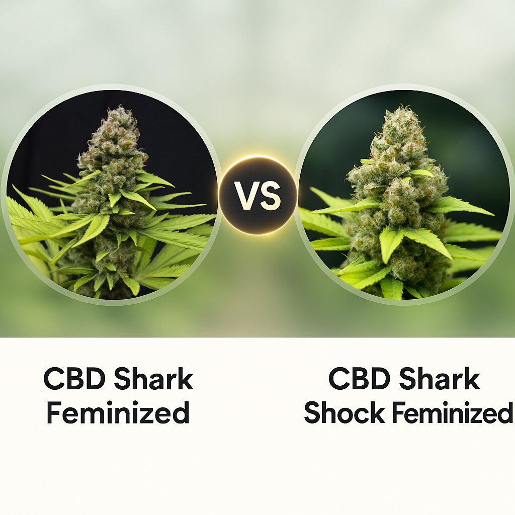 CBD Shark (CBD Crew) vs CBD Shark Shock (Seedsman) Vergleich von Cannabissamen