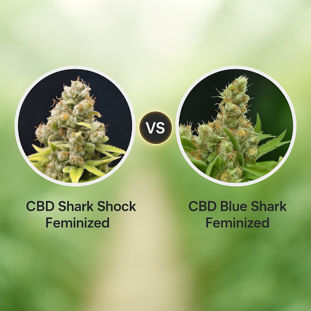 CBD Shark Shock (Seedsman) vs CBD Blue Shark (Barneys Farm) Vergleich von Cannabis-Samen