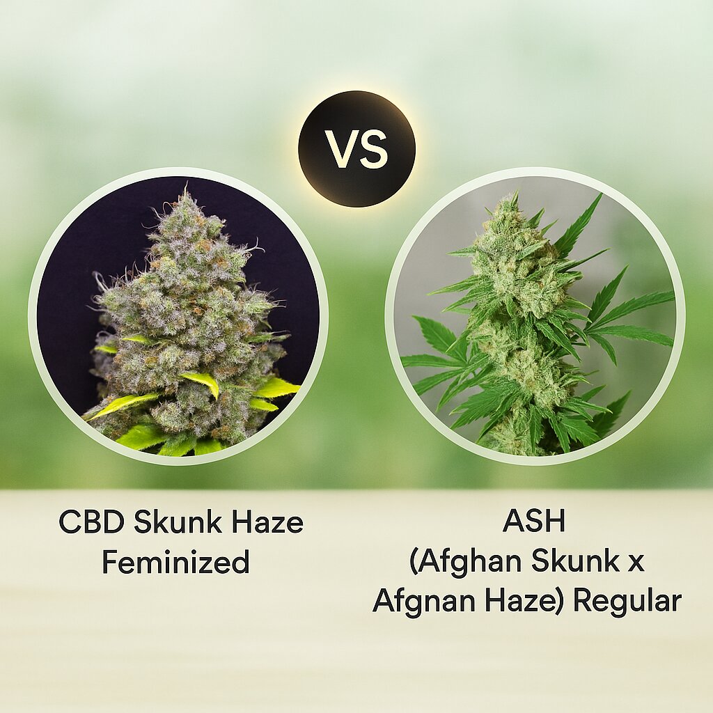 CBD Skunk Haze (CBD Crew) vs ASH (Afghan Skunk x Afghan Haze) (Mr Nice Seedbank) Vergleich von Cannabissamen