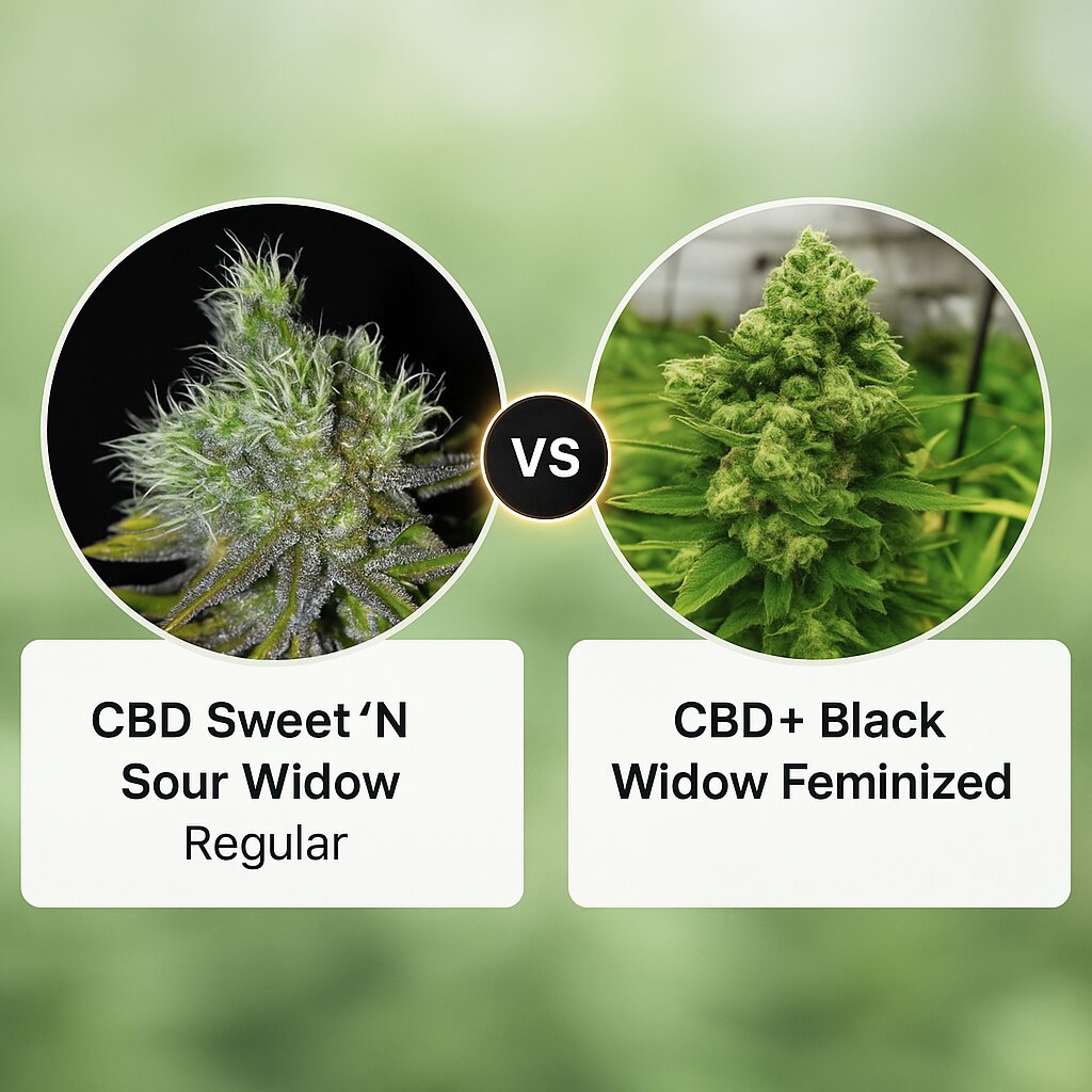 CBD Sweet 'N Sour Widow (Seedsman) vs CBD+ Black Widow (Positronics) Vergleich von Hanfsamen