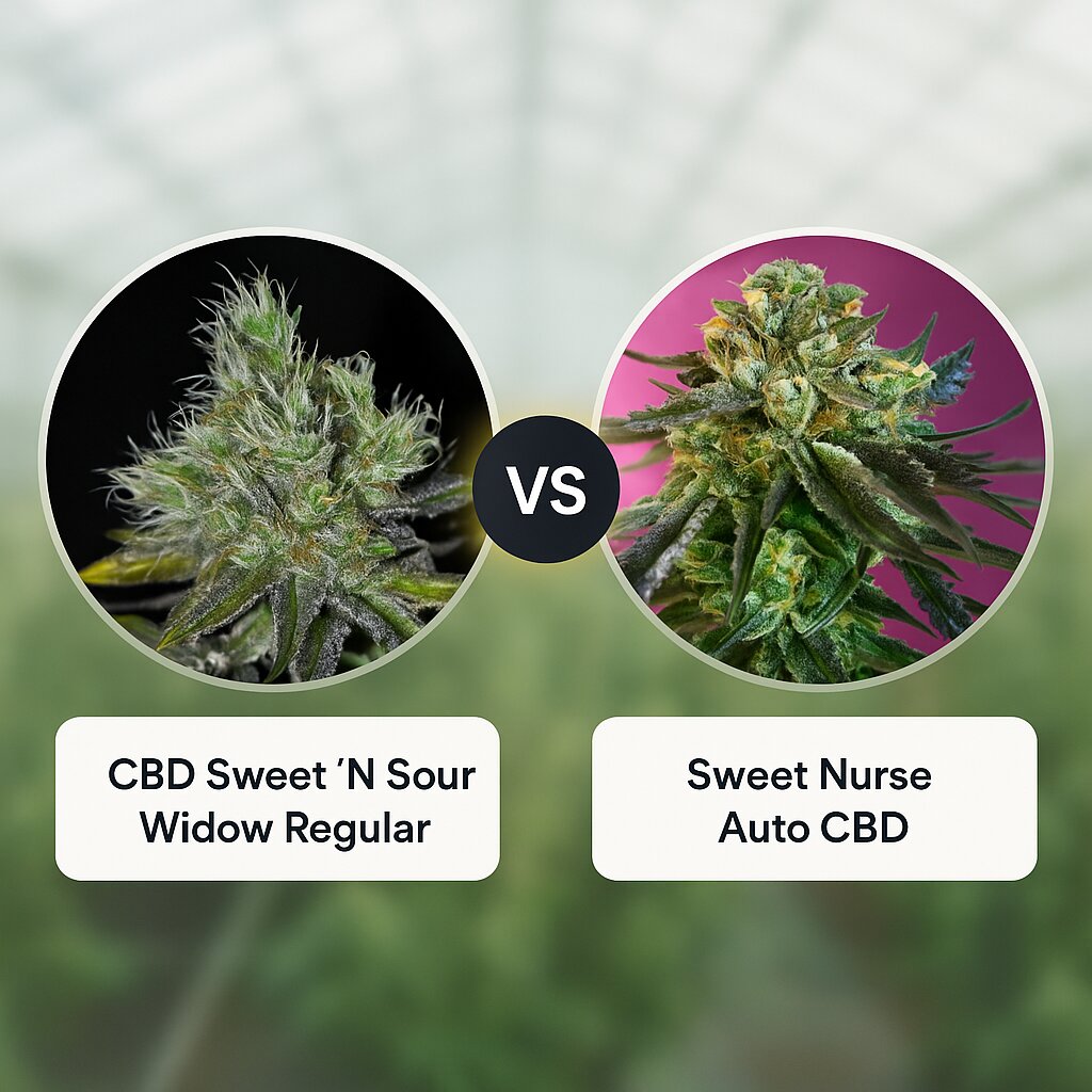 CBD Sweet 'N Sour Widow (Seedsman) vs Sweet Nurse Auto CBD (Sweet Seeds) Cannabis Samen Vergleich