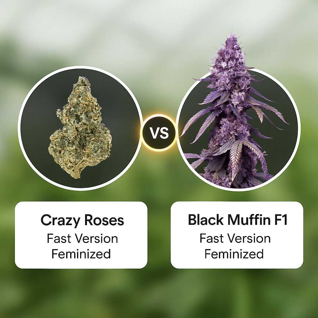 Crazy Roses Fast Version (Growers Choice) vs Black Muffin F1 Fast Version (Sweet Seeds) Cannabissamenvergleich