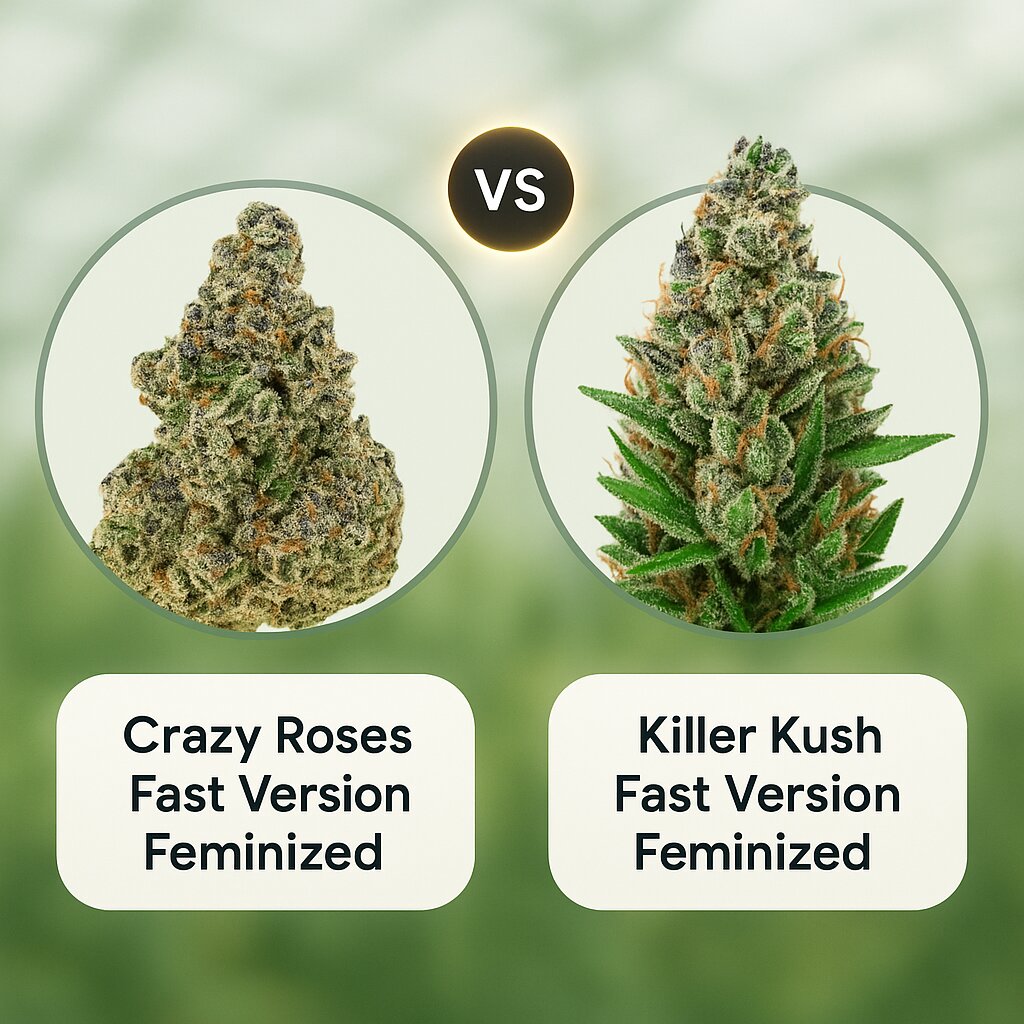 Crazy Roses Fast Version (Growers Choice) vs Killer Kush Fast Version (Sweet Seeds) Vergleich von Cannabissamen