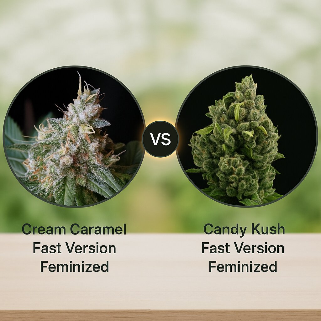 Cream Caramel Fast Version (Sweet Seeds) vs Candy Kush Fast Version (Royal Queen Seeds) Cannabis Samen Vergleich