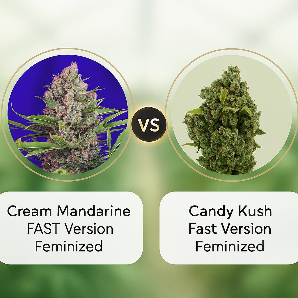 Cream Mandarine FAST Version (Sweet Seeds) vs Candy Kush Fast Version (Royal Queen Seeds) Vergleich von Hanfsamen