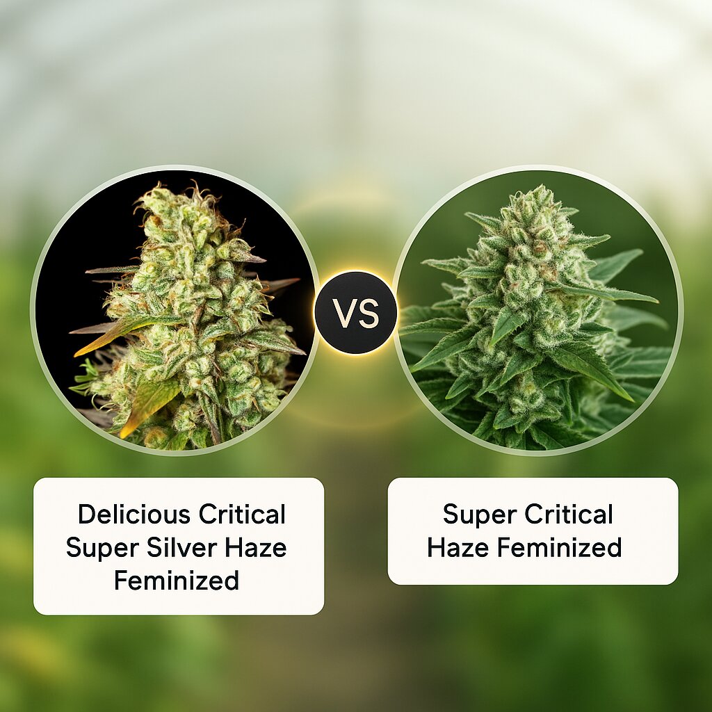 Delicious Critical Super Silver Haze (Delicious Seeds) vs Super Critical Haze (DinaFem Seeds) Cannabissamenvergleich