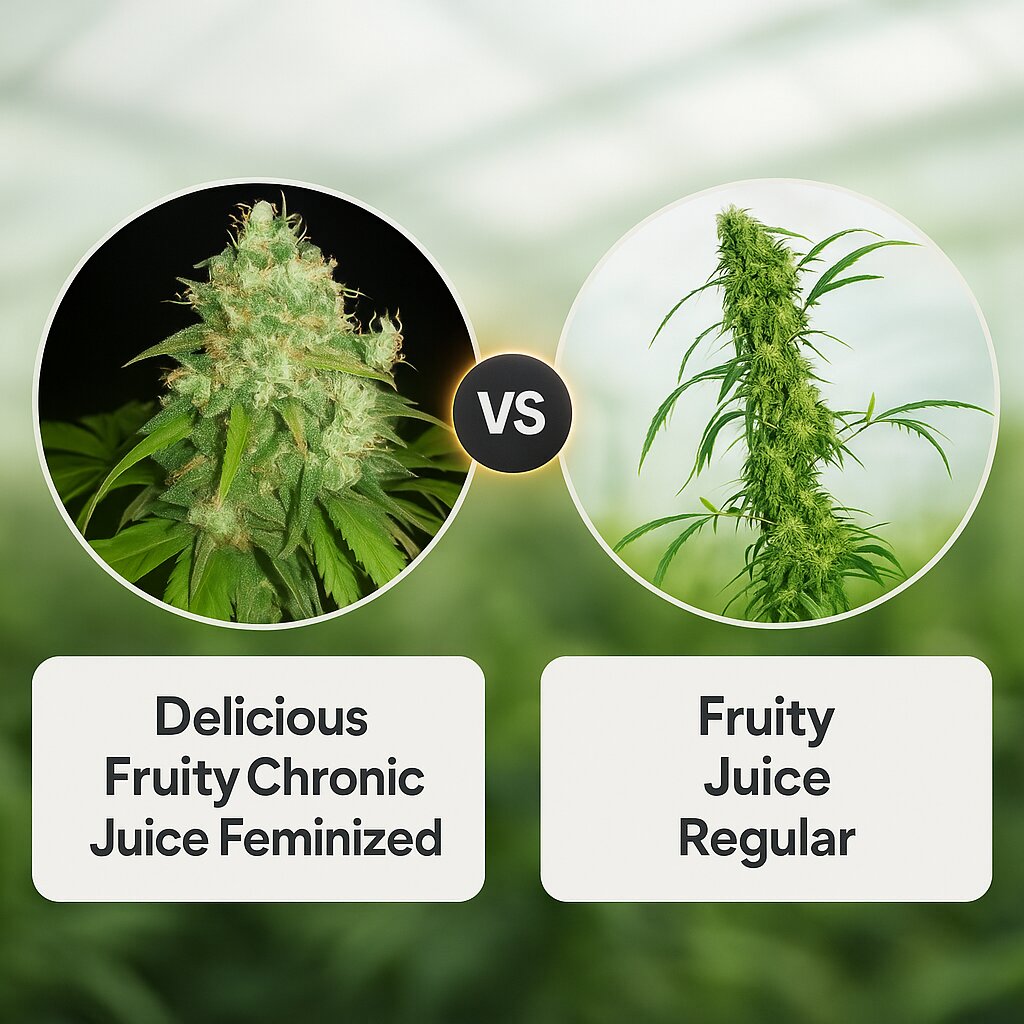 Delicious Fruity Chronic Juice (Delicious Seeds) vs Fruity Juice (Sensi Seeds) Cannabis Samen Vergleich
