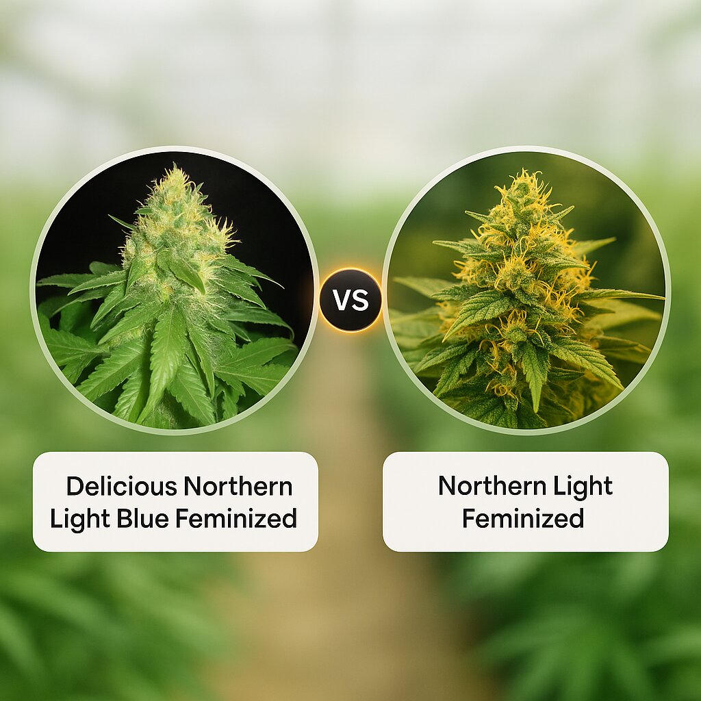 Delicious Northern Light Blue (Delicious Seeds) vs Northern Light (Nirvana Seeds) Vergleich von Cannabissamen