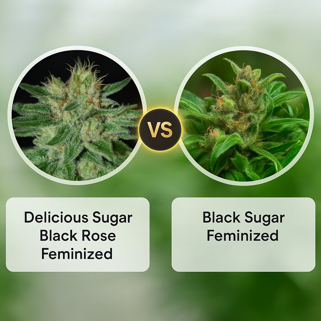Delicious Sugar Black Rose (Delicious Seeds) vs Black Sugar (Female Seeds) Vergleich von Cannabissamen