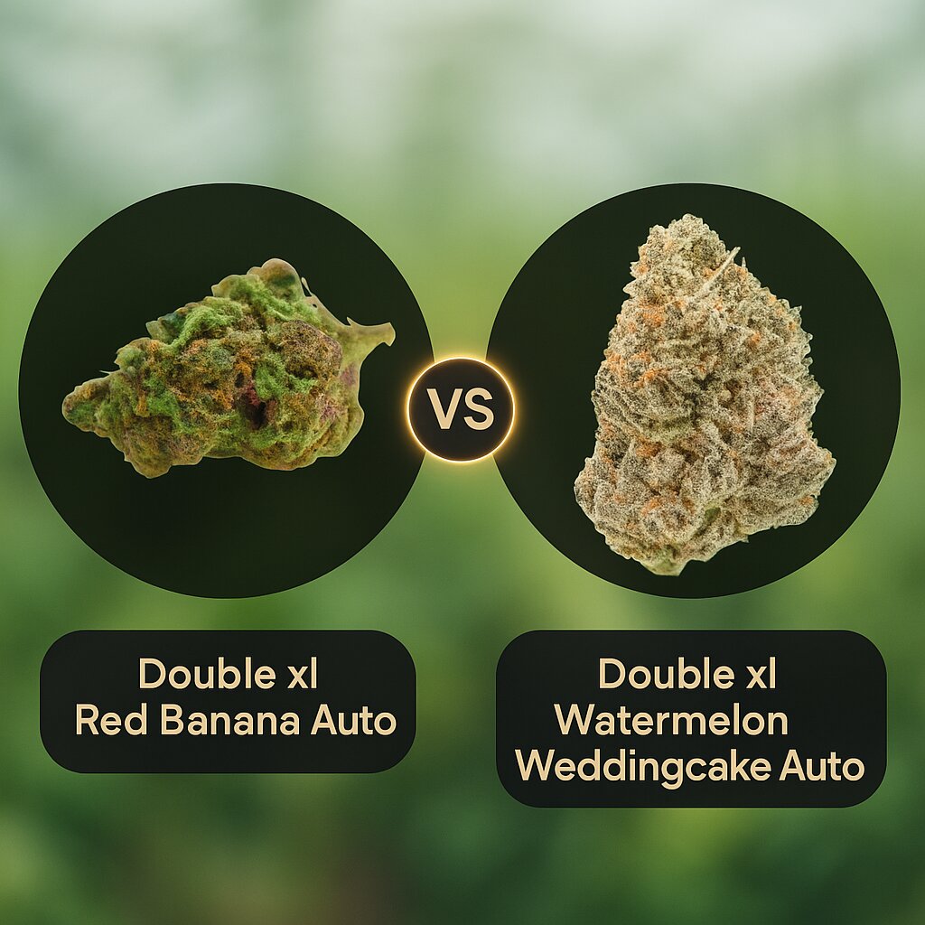 Double xl Red Banana Auto (Growers Choice) vs Double xl Watermelon Weddingcake Auto (Growers Choice) Cannabis Samen Vergleich