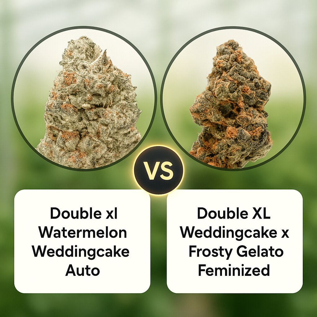 Double xl Watermelon Weddingcake Auto (Growers Choice) vs Double XL Weddingcake x Frosty Gelato (Growers Choice) Cannabissamen Vergleich