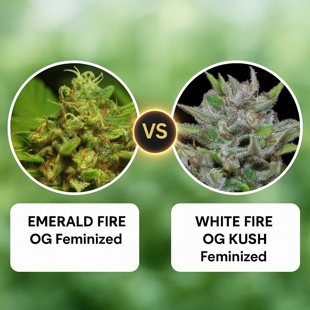  EMERALD FIRE OG (Humboldt Seed Organization) vs WHITE FIRE OG KUSH (Bighead Seeds) Vergleich von Cannabissamen