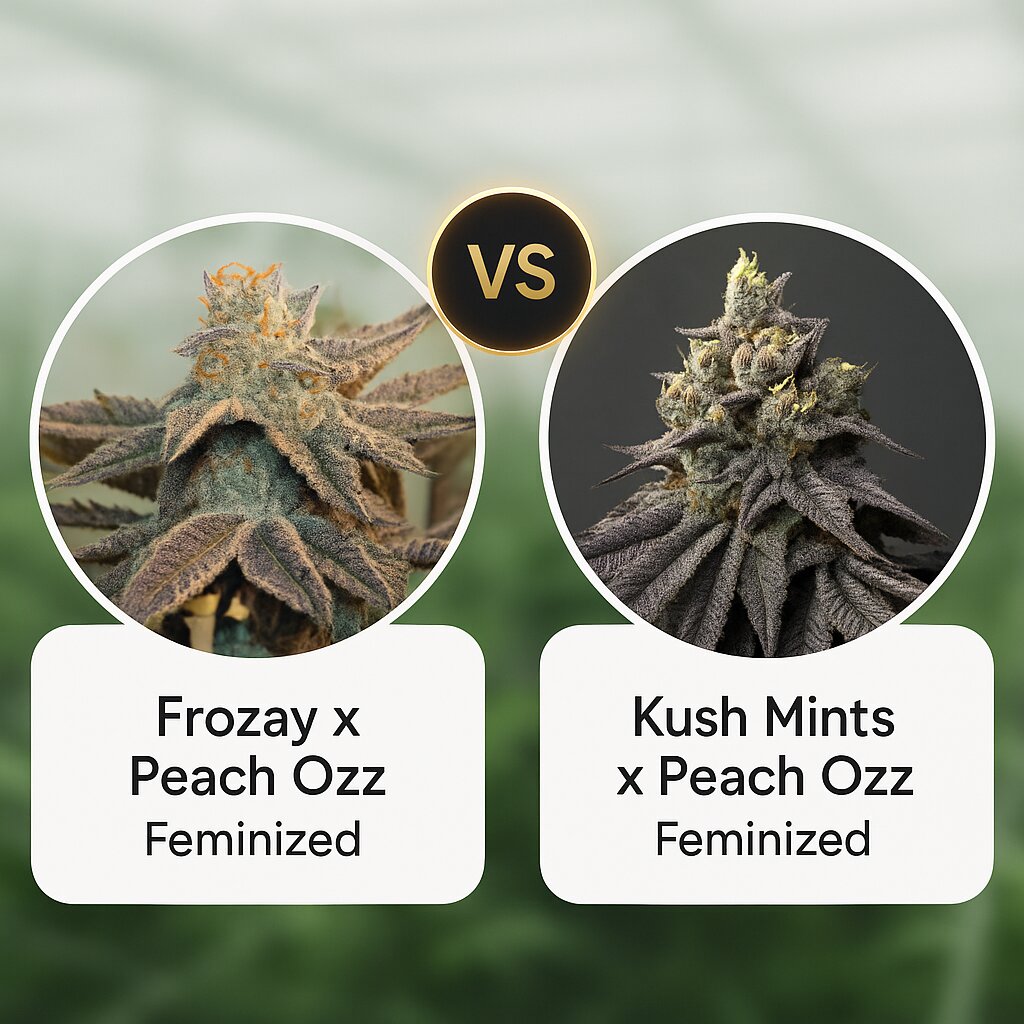 Frozay x Peach Ozz (Perfect Tree Seeds) vs Kush Mints x Peach Ozz (Perfect Tree Seeds) Vergleich von Cannabissamen