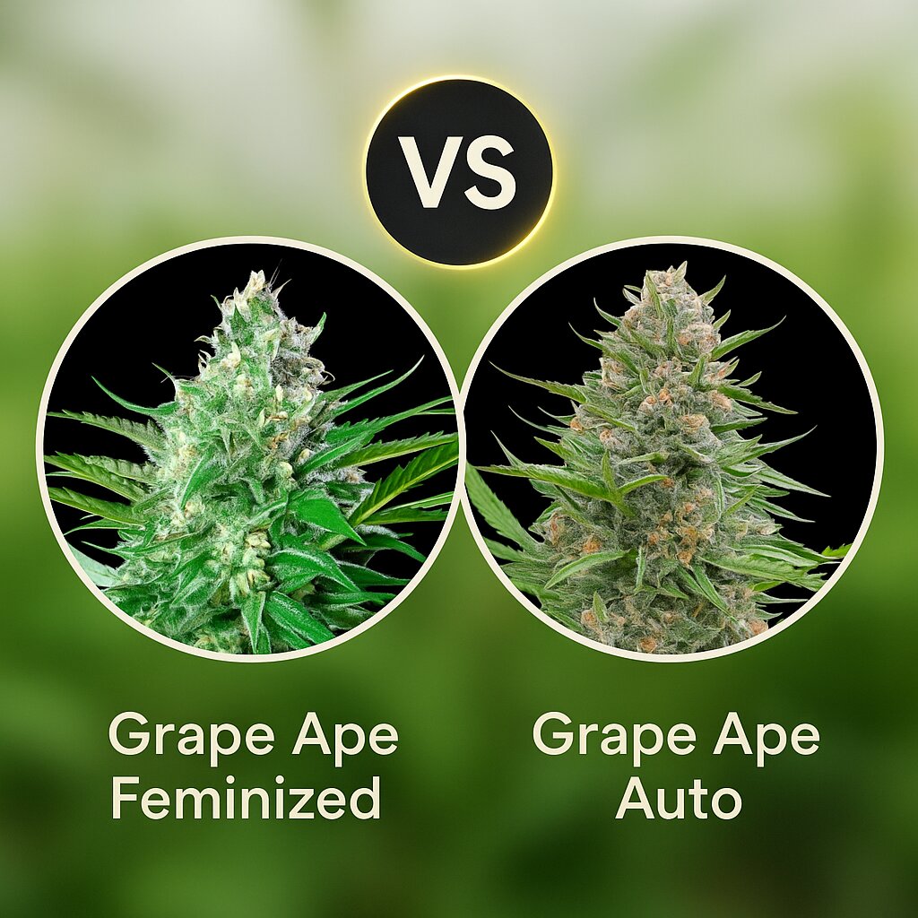 Grape Ape (Royal Queen Seeds) vs Grape Ape Auto (Royal Queen Seeds) Vergleich von Cannabissamen