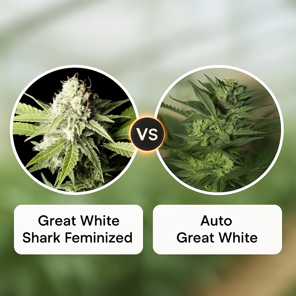 Great White Shark (Greenhouse Seed Co) vs Auto Great White (Seedsman) Vergleich von Cannabissamen