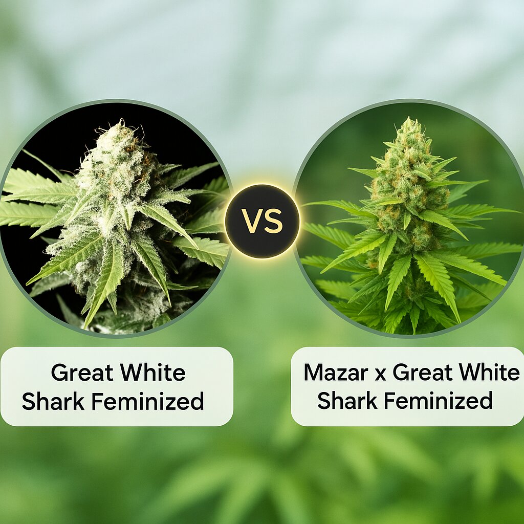 Great White Shark (Greenhouse Seed Co) vs Mazar x Great White Shark (World of Seeds) Vergleich von Cannabissamen