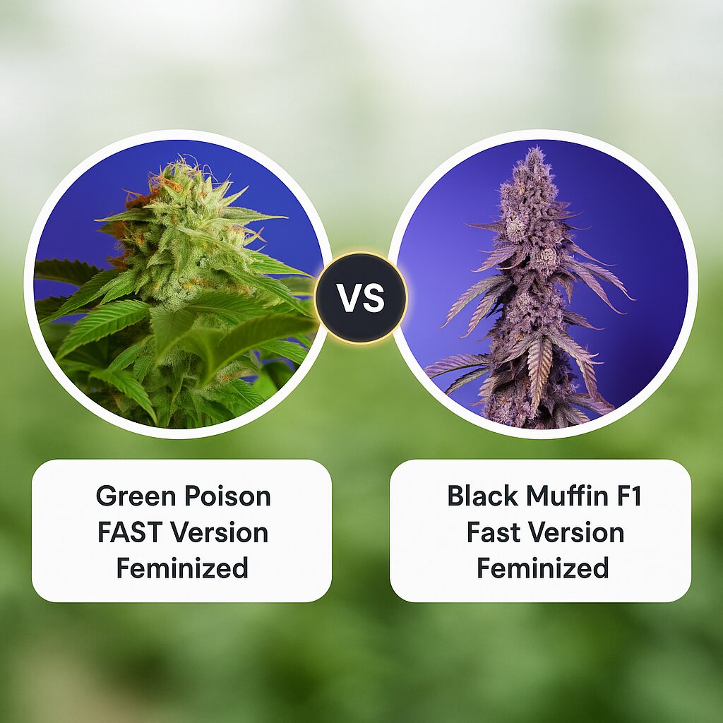 Green Poison FAST Version (Sweet Seeds) vs Black Muffin F1 Fast Version (Sweet Seeds) Cannabissamenvergleich