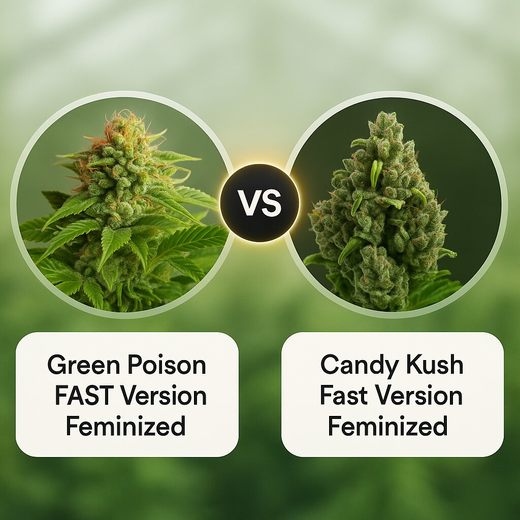 Green Poison FAST Version (Sweet Seeds) vs Candy Kush Fast Version (Royal Queen Seeds) Vergleich von Cannabissamen