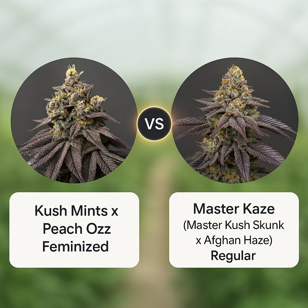 Kush Mints x Peach Ozz (Perfect Tree Seeds) vs Master Kaze (Master Kush Skunk x Afghan Haze) (Mr Nice Seedbank) Cannabissamenvergleich