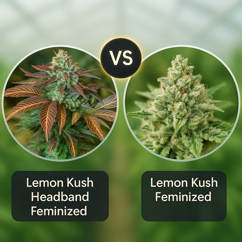 Lemon Kush Headband (Humboldt Seed Organization) vs Lemon Kush (Female Seeds) Cannabissamenvergleich