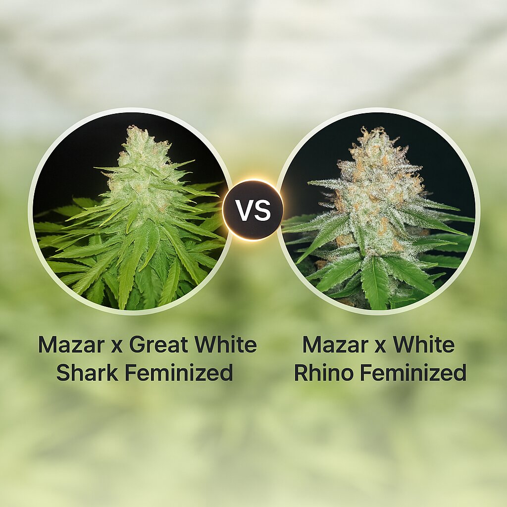 Mazar x Great White Shark (World of Seeds) vs Mazar x White Rhino (World of Seeds) Cannabis Samen Vergleich