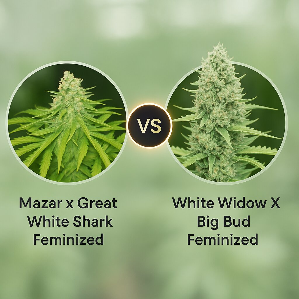Mazar x Great White Shark (World of Seeds) vs White Widow X Big Bud (Female Seeds) Cannabissamenvergleich