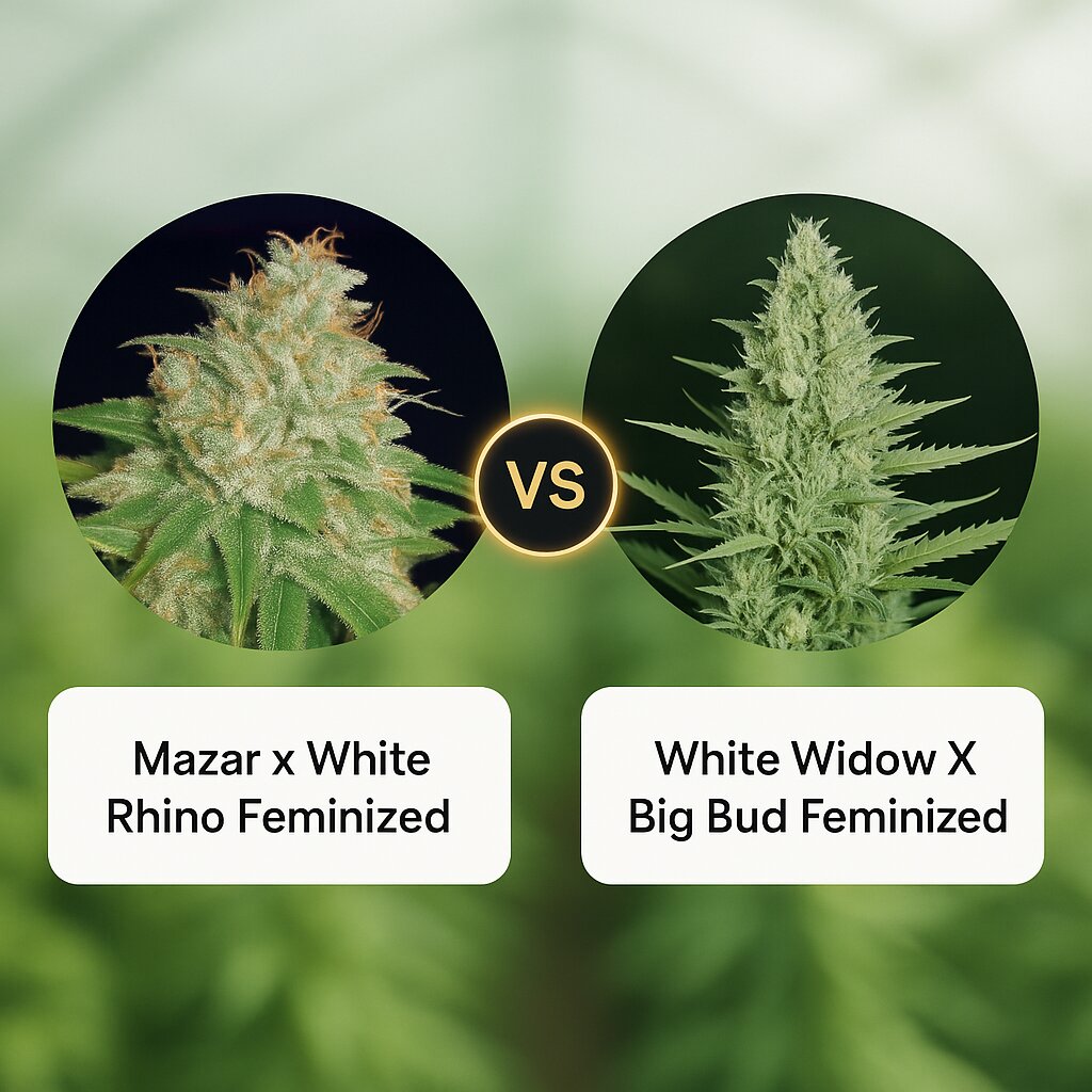 Mazar x White Rhino (World of Seeds) vs White Widow X Big Bud (Female Seeds) Vergleich von Cannabissamen