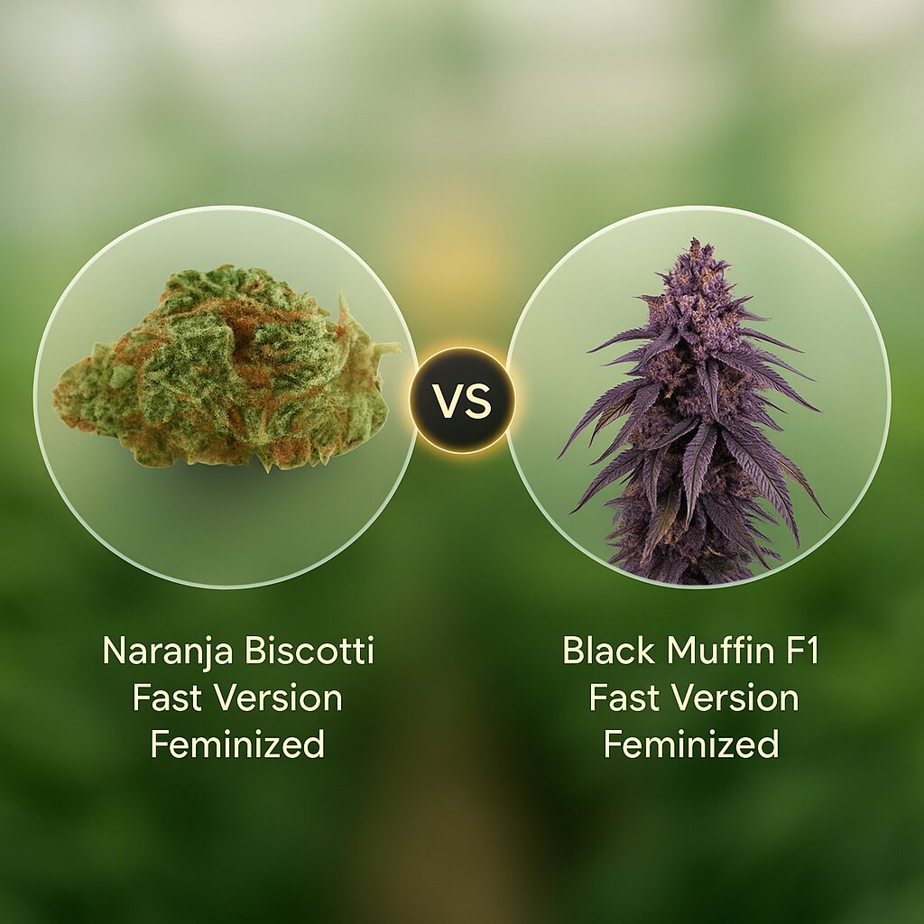 Naranja Biscotti Fast Version (Growers Choice) vs Black Muffin F1 Fast Version (Sweet Seeds) Vergleich von Cannabissamen