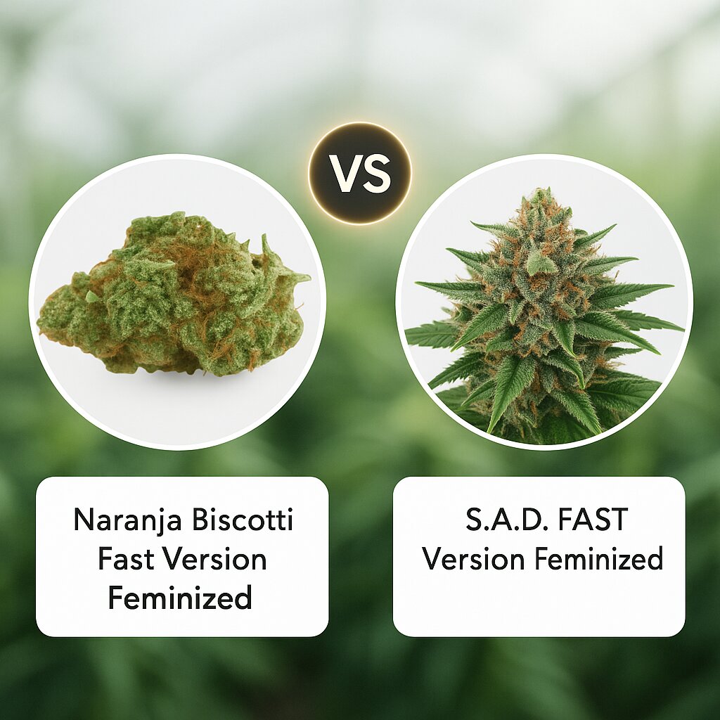 Naranja Biscotti Fast Version (Growers Choice) vs S.A.D. FAST Version (Sweet Seeds) Cannabis Samen Vergleich