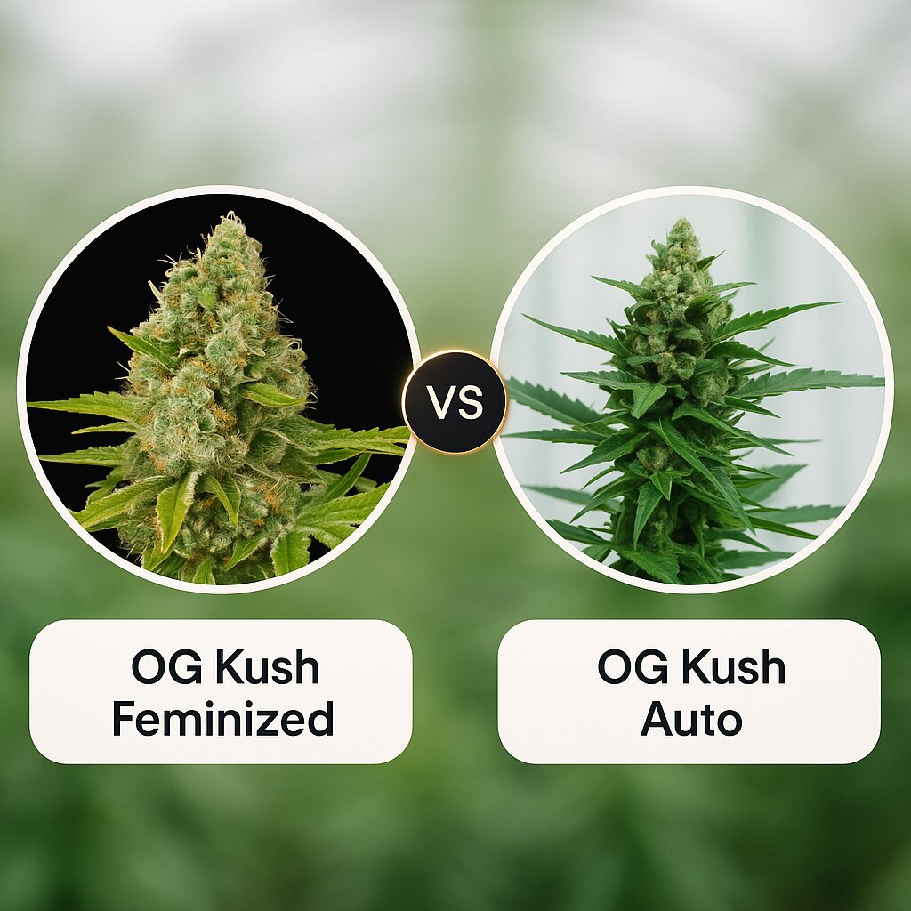 OG Kush (DinaFem Seeds) vs OG Kush Auto (Dr Krippling) Cannabis-Samenvergleich