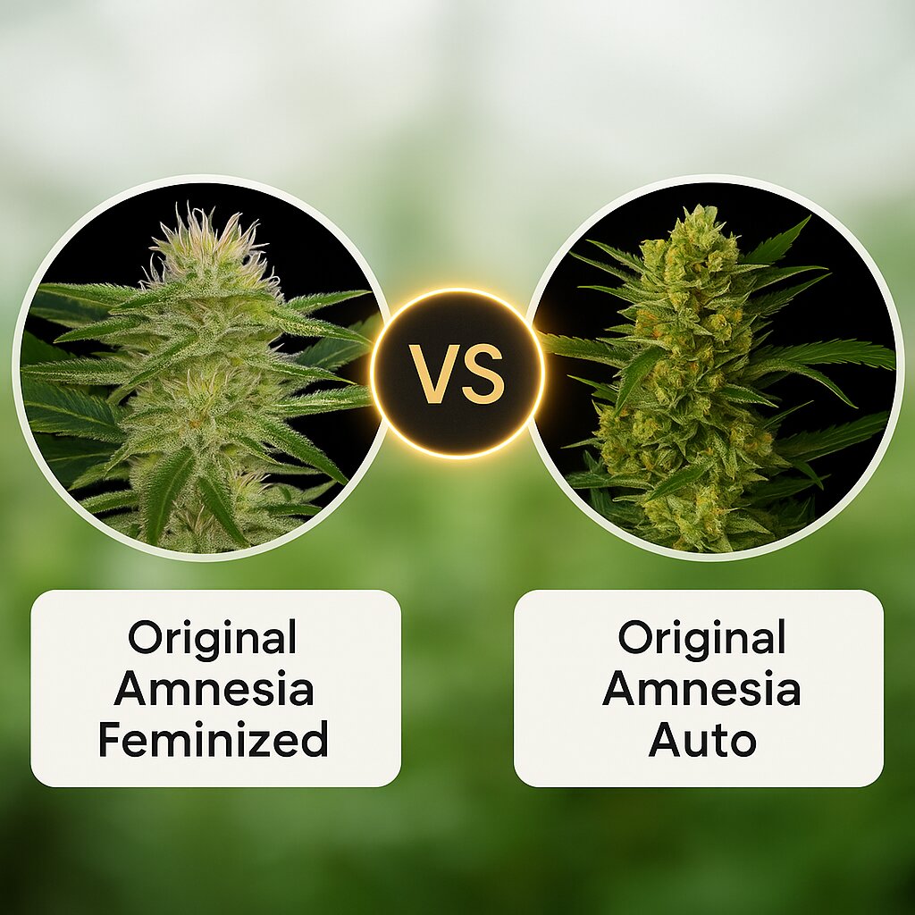 Original Amnesia (DinaFem Seeds) vs Original Amnesia Auto (DinaFem Seeds) Vergleich von Cannabissamen