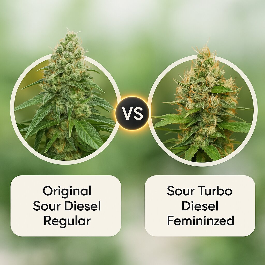 Original Sour Diesel (Cali Weed) vs Sour Turbo Diesel (Cream of the Crop) Vergleich von Cannabissamen