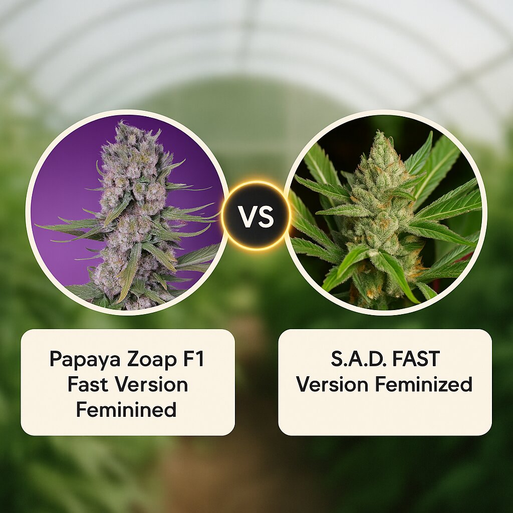 Papaya Zoap F1 Fast Version (Sweet Seeds) vs S.A.D. FAST Version (Sweet Seeds) Vergleich von Hanfsamen